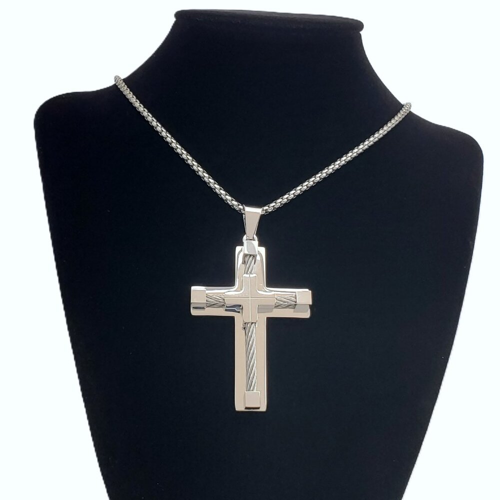 925 Silver Mens 24" Chain Link Cross Crucifix Necklace Guys Christian Jewelry
